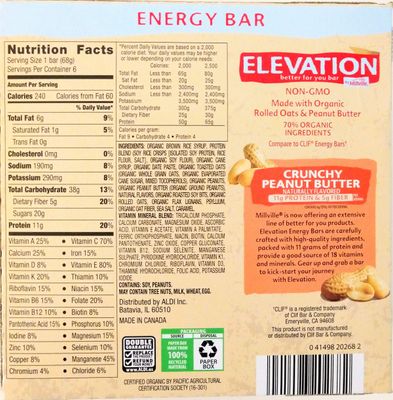 Elevation by Millville Crunchy Peanut Butter Energy Bars 2.4ozx6 Total,14.4oz, Pack of 1