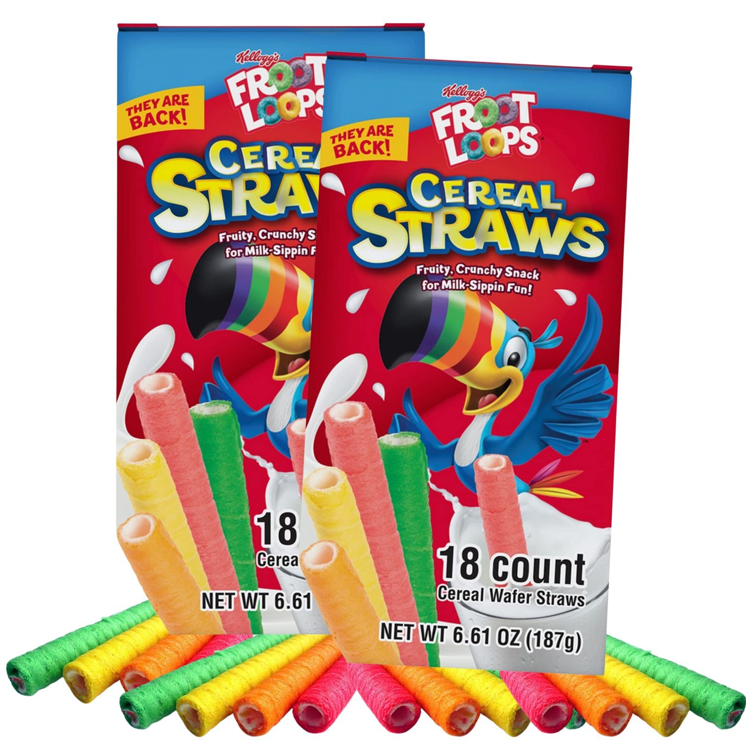2024 Kellogg&#39;s Cereal Straws Froot Loops Edible Breakfast Straw Alternatives for Milk, 90&#39;s Childhood Nostalgic Treat for Drinking and Eating, Cereals for Kids, Pack of 2, 36 Straws