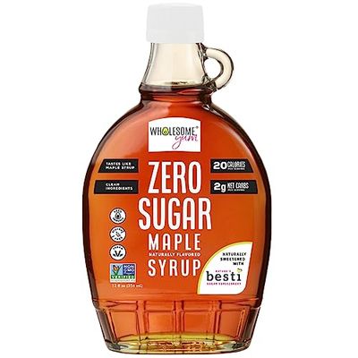Wholesome Yum Zero Sugar Maple Syrup (Keto Maple Syrup) With Monk Fruit &amp; Allulose - Natural Sugar Free Pancake Syrup - Non GMO, Low Carb, Gluten Free, Vegan, No Aftertaste (12 fl oz)