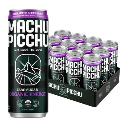 MACHU PICCHU Organic Energy Drink Sugar Free, Pineapple Blueberry Flavor Pack, 12 Fl oz (Pack of 12) Organic Caffeine Energy Drink, No Preservatives