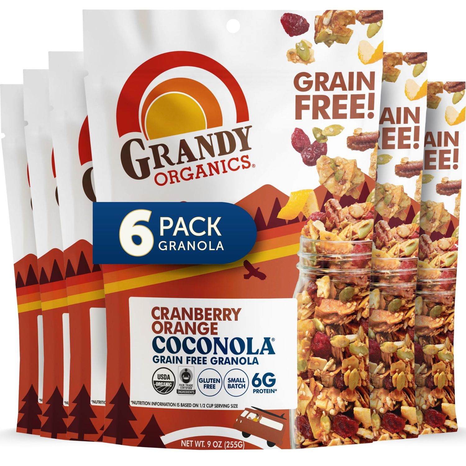 Grandy Organics Cranberry Orange Coconola Granola, Gluten Free, Grain Free, Paleo Friendly Cranberry Granola, 9oz (Pack of 6)