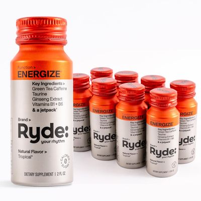 Ryde: Energize Shot | Tropical Flavor | Green Tea Caffeine, Taurine, Ginseng Extract &amp; B Vitamins | 0 Calories, 0 Sugar | 2 FL OZ Shots | Boosts energy* (8 Pack)