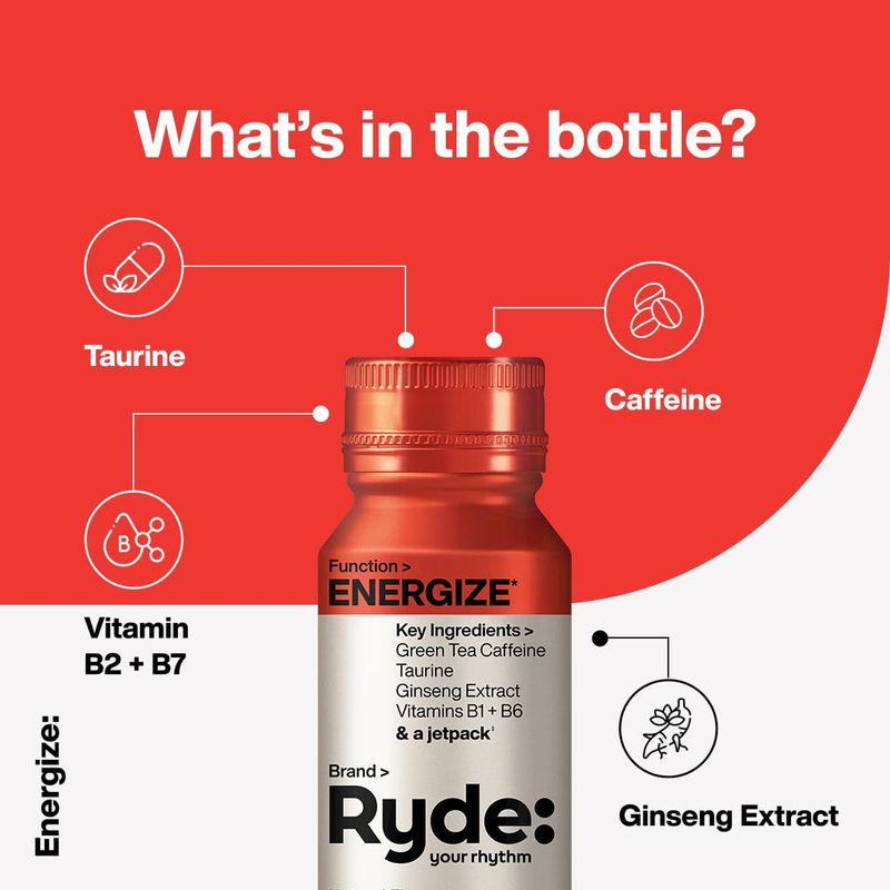 Ryde: Energize Shot | Tropical Flavor | Green Tea Caffeine, Taurine, Ginseng Extract &amp; B Vitamins | 0 Calories, 0 Sugar | 2 FL OZ Shots | Boosts energy* (8 Pack)