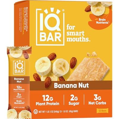 IQBAR Brain and Body Plant Protein Bars - Banana Nut - 12 Count, Low Carb, High Fiber, Gluten Free, Vegan Snacks - Low Sugar Keto Energy Bar Pack