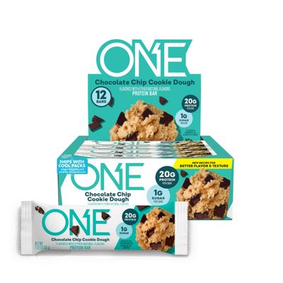 ONE Protein Bars, NEW Recipe Chocolate Chip Cookie Dough, Gluten Free Protein Bars with 20g Protein and 1g Sugar, Pantry Staples, 2.12 oz (12 Count)