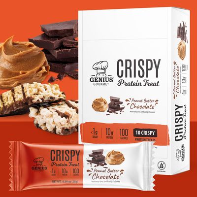 Genius Gourmet Crispy Protein Treat, Chocolate Peanut Butter, Keto Snack, Low Carb, Low Sugar & Gluten Free, Protein Snacks for Adults, 10G of Whey Protein per Protein Bar, 5 Net Carbs, 10 CT
