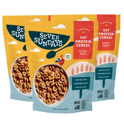 Seven Sundays Oat Protein Cereal, Golden Apple, 8 Oz Bag (Pack of 3), Gluten Free, 5g Upcycled Protein, 0g Refined Sugar, Crunchy Sweet Snack