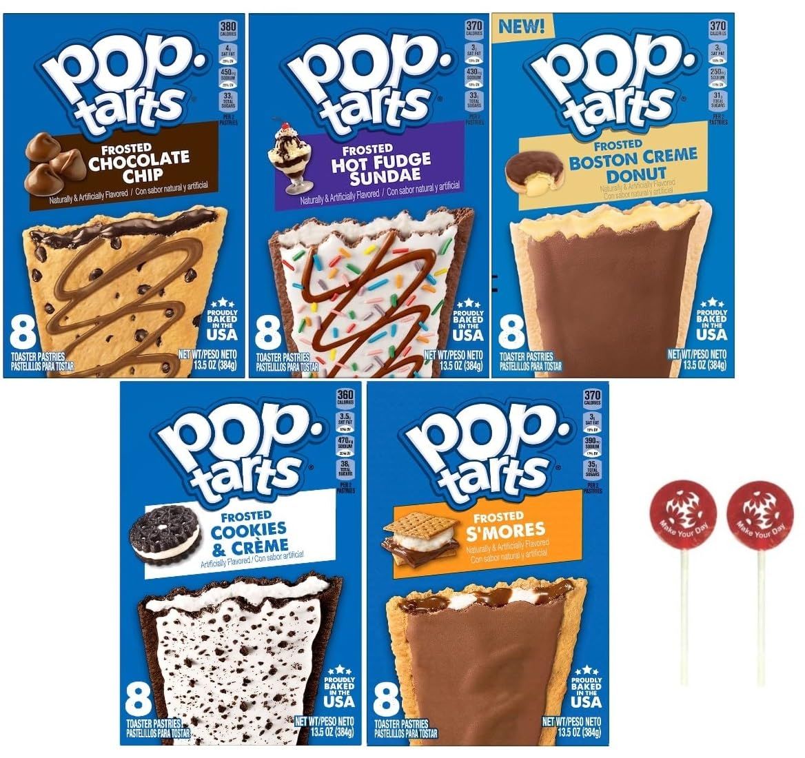 Pop Tarts Frosted Toaster Pastries, Chocolate Chip, Hot Fudge Sundae, Boston Creme Donut, Cookies &amp; Creme, and Smores, 13.5 Ounce (Pack of 5) - with Two Make Your Day Lollipops