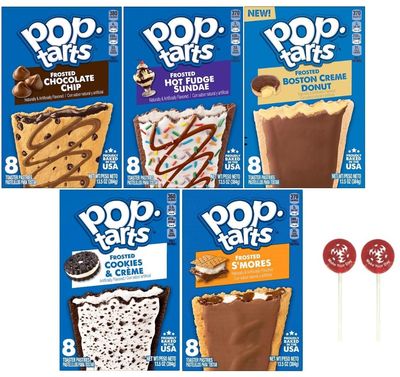 Pop Tarts Frosted Toaster Pastries, Chocolate Chip, Hot Fudge Sundae, Boston Creme Donut, Cookies &amp; Creme, and Smores, 13.5 Ounce (Pack of 5) - with Two Make Your Day Lollipops