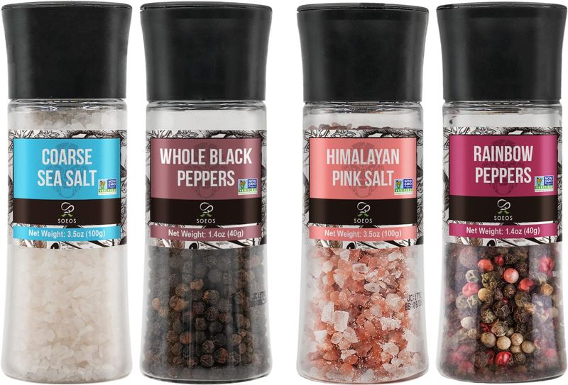 Soeos Spice Seasoning Set of 4, 9.8oz(277.82g), With Integrated Grinders, Salt and Pepper Grinder Set, Pure and Fresh Perfect for BBQ Seasoning Gift Set, Grilling Spice, Herb, Spice &amp; Seasoning Gifts
