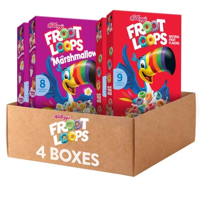 Kelloggs Froot Loops Breakfast Cereal, Kids Cereal, Family Breakfast, Variety Pack (4 Boxes)