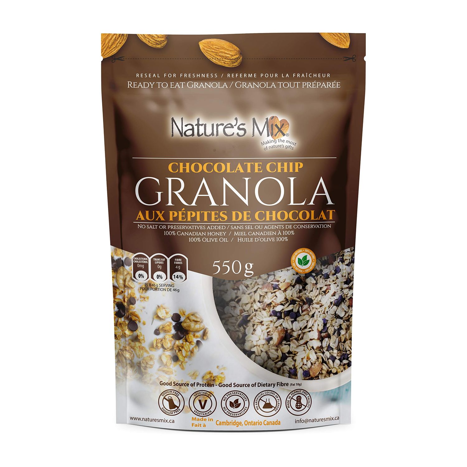 Nature&#39;s Mix Chocolate Chip Granola (Dairy Free) - Loaded with Almonds, Chocolate Chips, and Canadian Honey - Dairy and Soy Free, No Added Sugar or Preservatives - Kosher and Vegetarian - Large