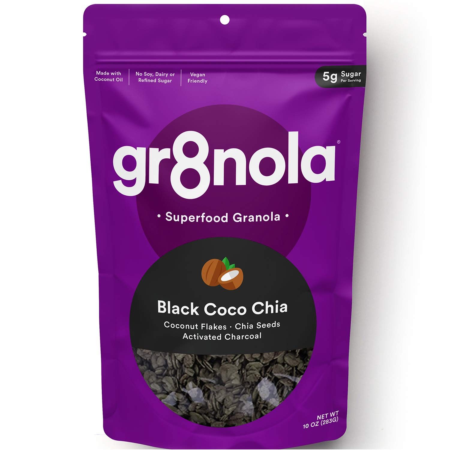 gr8nola BLACK COCO (CHARCOAL) CHIA - Healthy, Low Sugar, Vegan Granola Cereal - Made with Superfoods Chia Seeds and Activated Charcoal, Soy Free, Dairy Free and No Refined Sugar - 10oz Resealable Bag