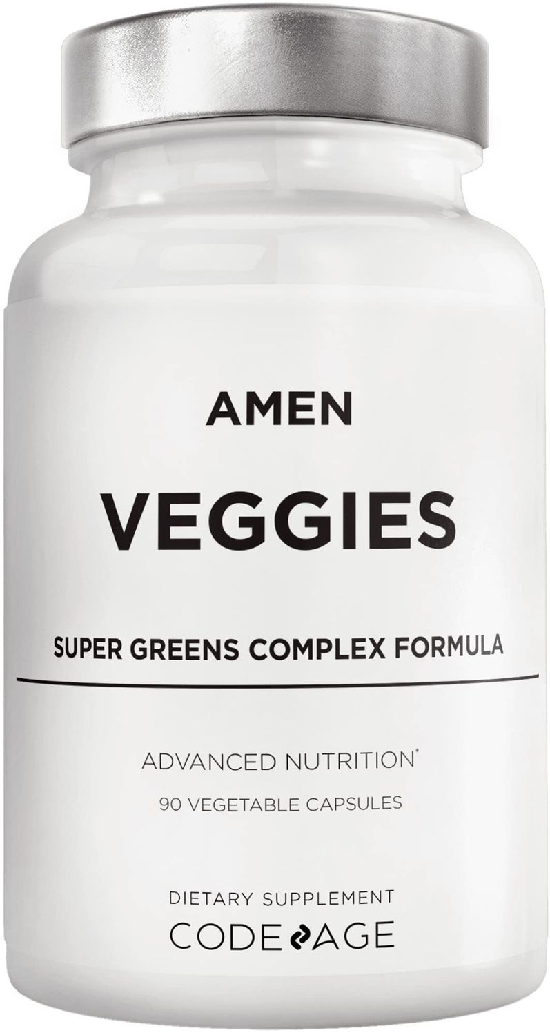 Amen Veggies, Daily Veggies Vitamins Supplement, Vegetables Vegan Blend &amp; Whole-Food Raw Greens Multivitamin Capsules, Mushroom Complex, Superfood, Minerals, Green Vegetable Nutrients, Non-GMO, 90 ct