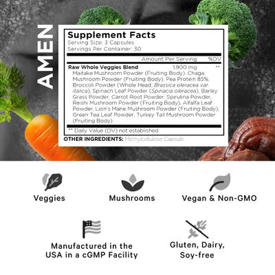 Amen Veggies, Daily Veggies Vitamins Supplement, Vegetables Vegan Blend & Whole-Food Raw Greens Multivitamin Capsules, Mushroom Complex, Superfood, Minerals, Green Vegetable Nutrients, Non-GMO, 90 ct