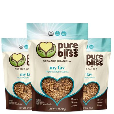 Pure Bliss Organic Granola (French Vanilla Almond) Gluten Free, Non-GMO, Best Tasting Natural Healthy Snack, Hand Made Delicious Granola Cereal, Simple Superfood Ingredients (Value Pack 3 x 11oz Bags)