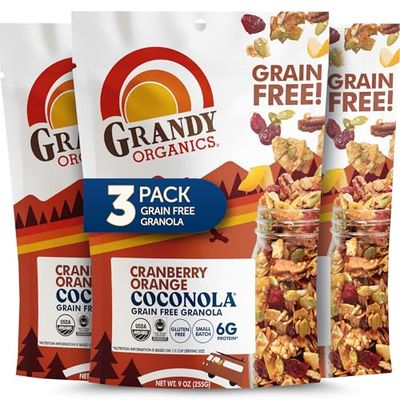 Grandy Organics Cranberry Orange Coconola Granola, Certified Organic, Gluten Free, Grain Free, Cranberry Granola, 9oz Each, Pack of 3