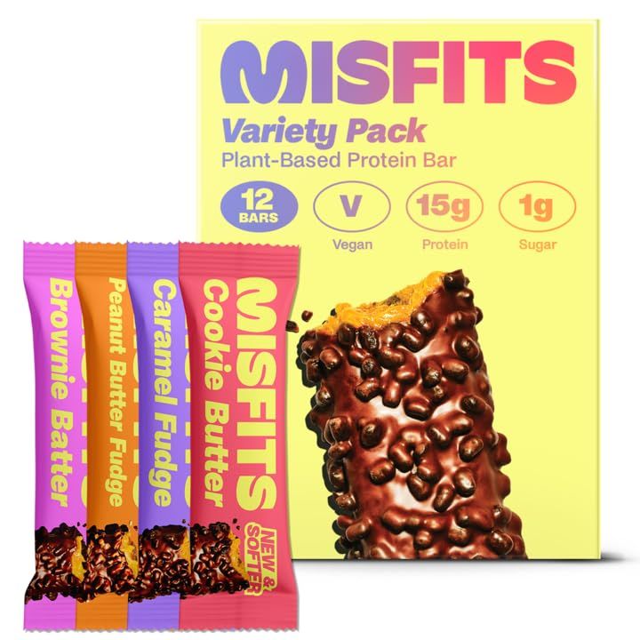 Misfits Vegan Protein Bars - Updated Recipe | Plant Based, Low Sugar &amp; Carb, High Fiber Snacks | Variety Pack of 12 (4 Flavors)