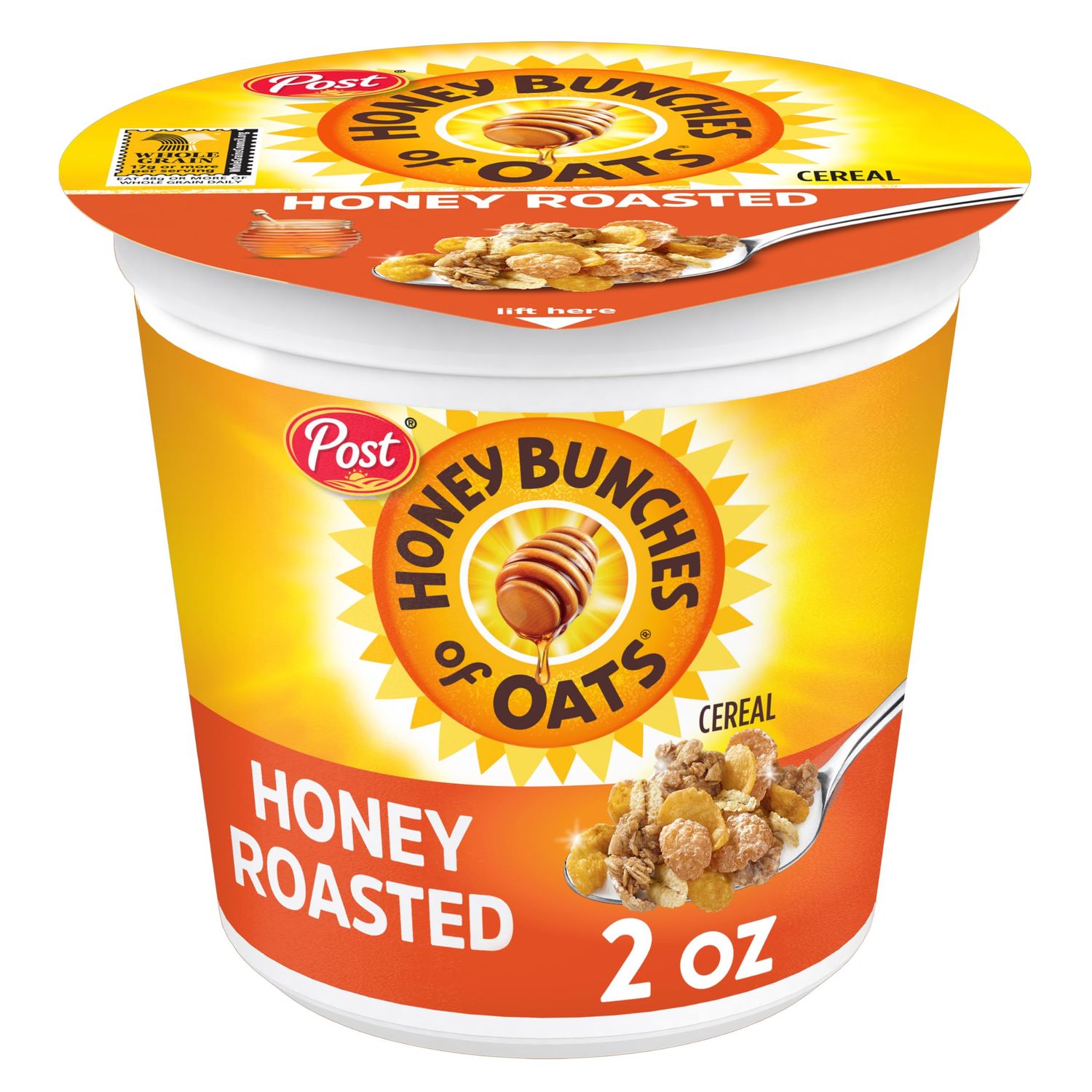 Post Honey Bunches of Oats Honey Roasted Breakfast Cereal, Honey Oats Cereal with Granola Clusters, Small Cereal Cup Size for Easy On-The-Go Breakfast, 2 OZ Cereal Cup (Pack of 12)