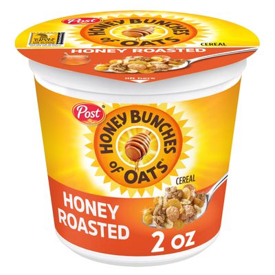Post Honey Bunches of Oats Honey Roasted Breakfast Cereal, Honey Oats Cereal with Granola Clusters, Small Cereal Cup Size for Easy On-The-Go Breakfast, 2 OZ Cereal Cup (Pack of 12)