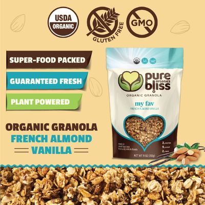 Pure Bliss Organic Granola (French Vanilla Almond) Gluten Free, Non-GMO, Best Tasting Natural Healthy Snack, Hand Made Delicious Granola Cereal, Simple Superfood Ingredients (Value Pack 3 x 11oz Bags)