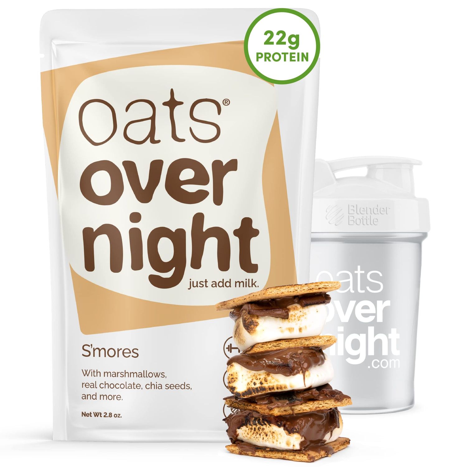 Oats Overnight Smores - Overnight Oats with 22g Protein, High Fiber Breakfast Protein Shake - Gluten Free Oatmeal, Non GMO High Protein Oatmeal (2.8 oz per meal) (8 Pack + BlenderBottle)