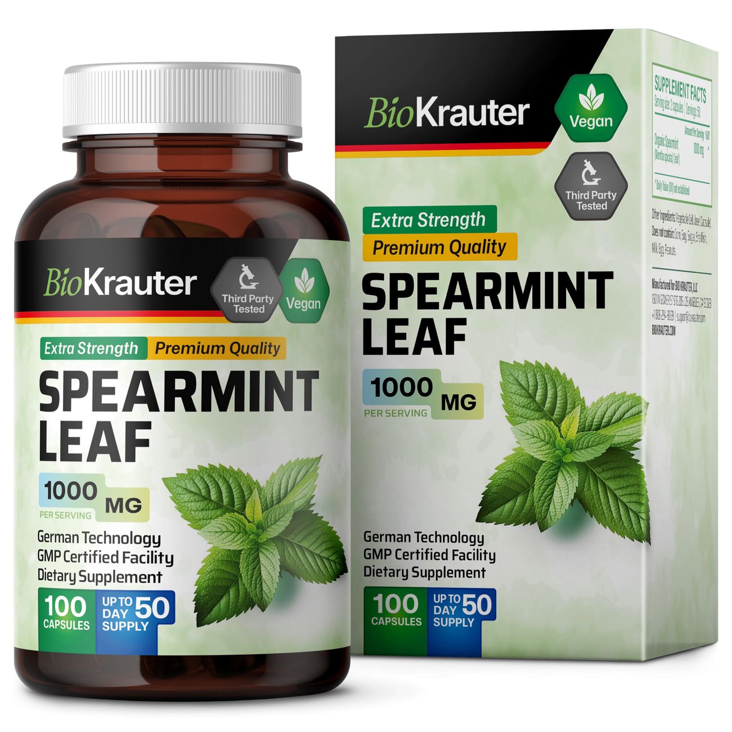 BIO KRAUTER Spearmint Capsules 1000 mg - 100 Spearmint Tea Capsules - Vegan Spearmint Supplement for Digestive &amp; Respiratory Health - Mentha Spicata - No Filler Spearmint Extract Caps