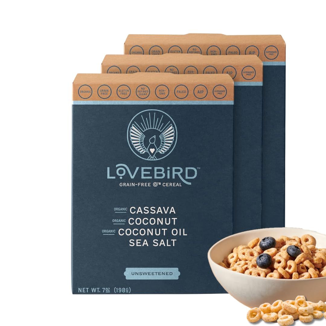 Lovebird Gluten Free Cereal Unsweetened 3 Pack - Organic Grain Free Cereals Paleo AIP Dairy Free Keto Friendly No Refined Sugar Healthy Snacks for Kids, Adults