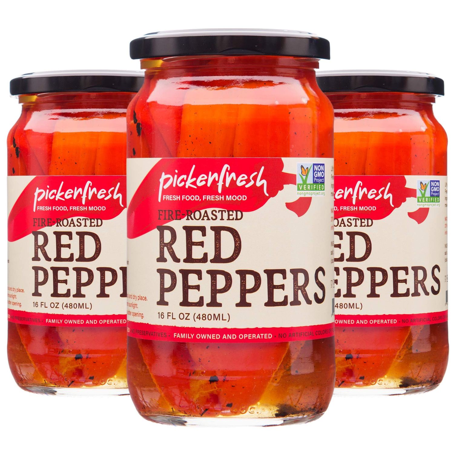 Pickerfresh Fire Roasted Red Peppers - Sweet &amp; Tangy Peppers for Pasta &amp; Pizza - Simple Ingredients - Non-GMO, No Artificial Color &amp; No Preservatives - 16 oz (3 Pack)