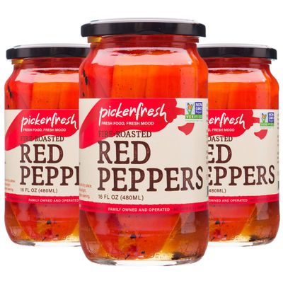 Pickerfresh Fire Roasted Red Peppers - Sweet &amp; Tangy Peppers for Pasta &amp; Pizza - Simple Ingredients - Non-GMO, No Artificial Color &amp; No Preservatives - 16 oz (3 Pack)