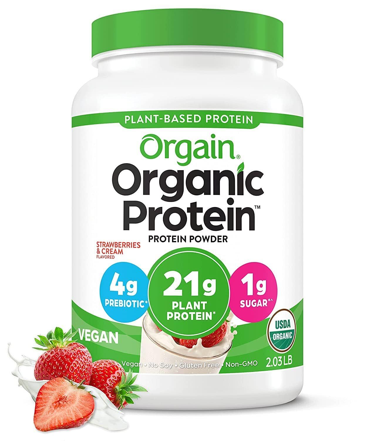 Orgain Organic Vegan Protein Powder, Strawberries &amp; Cream - 21g Plant Based Protein, 4g Prebiotic Fiber, Low Net Carb, No Lactose Ingredients, No Added Sugar, Non-GMO, For Shakes &amp; Smoothies, 2.03 lb