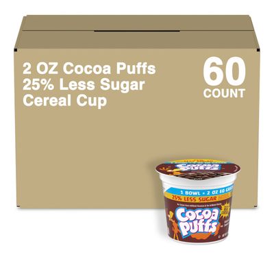 Cocoa Puffs Reduced Sugar Cup Cereal, 2 Oz (Pack of 60)
