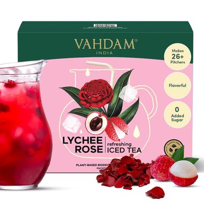 Lychee Rose Iced Tea Bags - 26 Pitcher Tea Bags | Zero Added Sugar | Makes 52 Quarts | Blended with Pure Lychee &amp; Rose | Best for Mocktails &amp; Cocktails | Plant-Based Biodegradable Tea Bags | VAHDAM