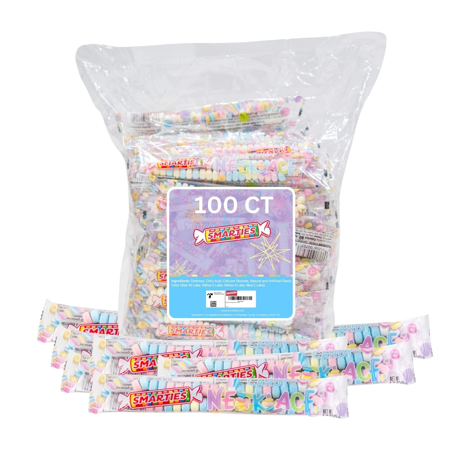 Smarties Candy Necklace Individually Wrapped Gluten Free &amp; Mixed Fruit Flavored Bulk Candy Perfect Party Favors Birthdays &amp; Halloween Celebrations 100% Worry Free Hard Candy Box - 5 lb 100 Count