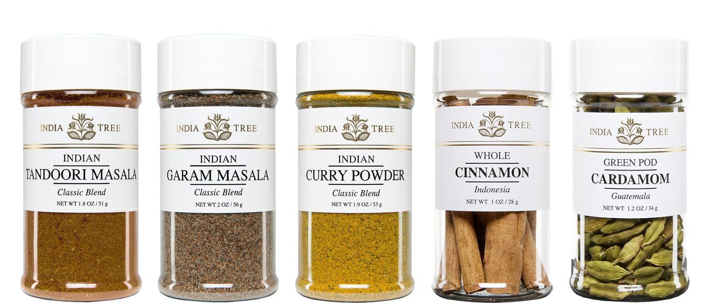 India Tree South Asian Spice Kit - Tandoori Masala, Garam Masala, Curry Powder, Cinnamon, and Cardamom - 8.9 Ounces Total
