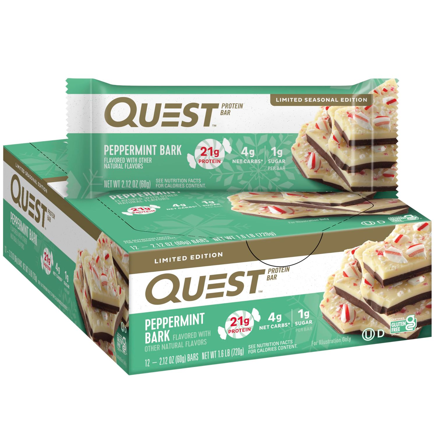 Quest Nutrition Peppermint Bark Protein Bar, 21g Protein, 4g Net Carb, 1g Sugar, Gluten Free, 12 Count