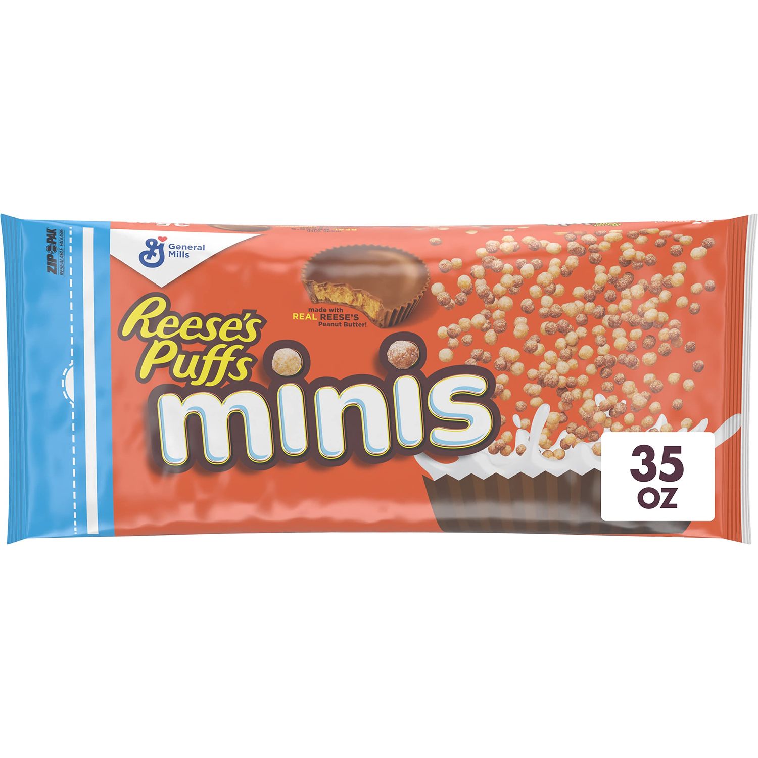 Reese&#39;s Puffs Minis Breakfast Cereal, Chocolate Peanut Butter Cereal, Family Size, 35 OZ Bag Cereal