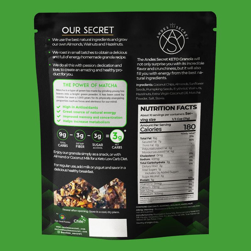 Andes Secret Matcha Low Calorie Granola - 11oz High Protein Cereal, Keto Low Carb Granola for Yogurt - Nut Mix Almonds, Walnuts, Hazelnuts - 3g Net Carbs, No Sugar Added, Grain &amp; Gluten Free