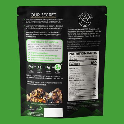 Andes Secret Matcha Low Calorie Granola - 11oz High Protein Cereal, Keto Low Carb Granola for Yogurt - Nut Mix Almonds, Walnuts, Hazelnuts - 3g Net Carbs, No Sugar Added, Grain &amp; Gluten Free