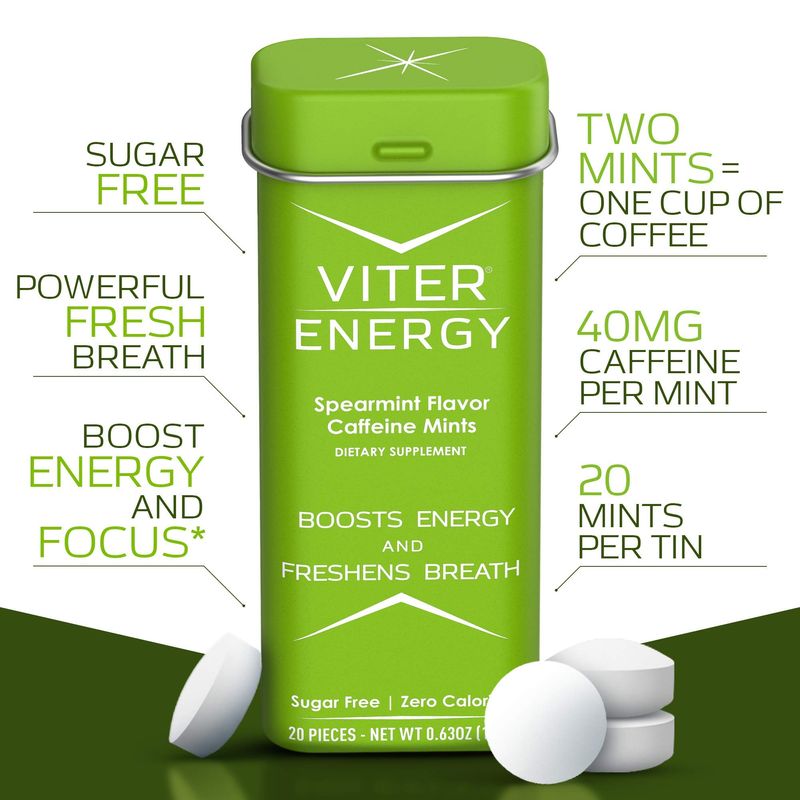 Viter Energy Caffeine Mints (120 Pieces) - 40mg Caffeine, Sugar Free, Vegan Breath Mints, B Vitamin Complex, Energy Caffeine Pills (Spearmint, 6 Pack)