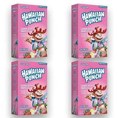 Hawaiian Punch Lemon Berry Sugar-Free Powdered Drink Mix 4 Count of 8 packets each for Total of 32 Sticks bundle packaged by D&#39;Elite Box