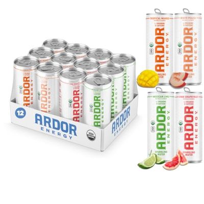 ARDOR ENERGY Sparkling Water TROPICAL variety 12 pack with 100mg Organic Caffeine from Green Tea &amp; 200mg Organic L-Theanine (Focus &amp; Calm). No Sugar. No Calories. Vegan. Gluten Free.