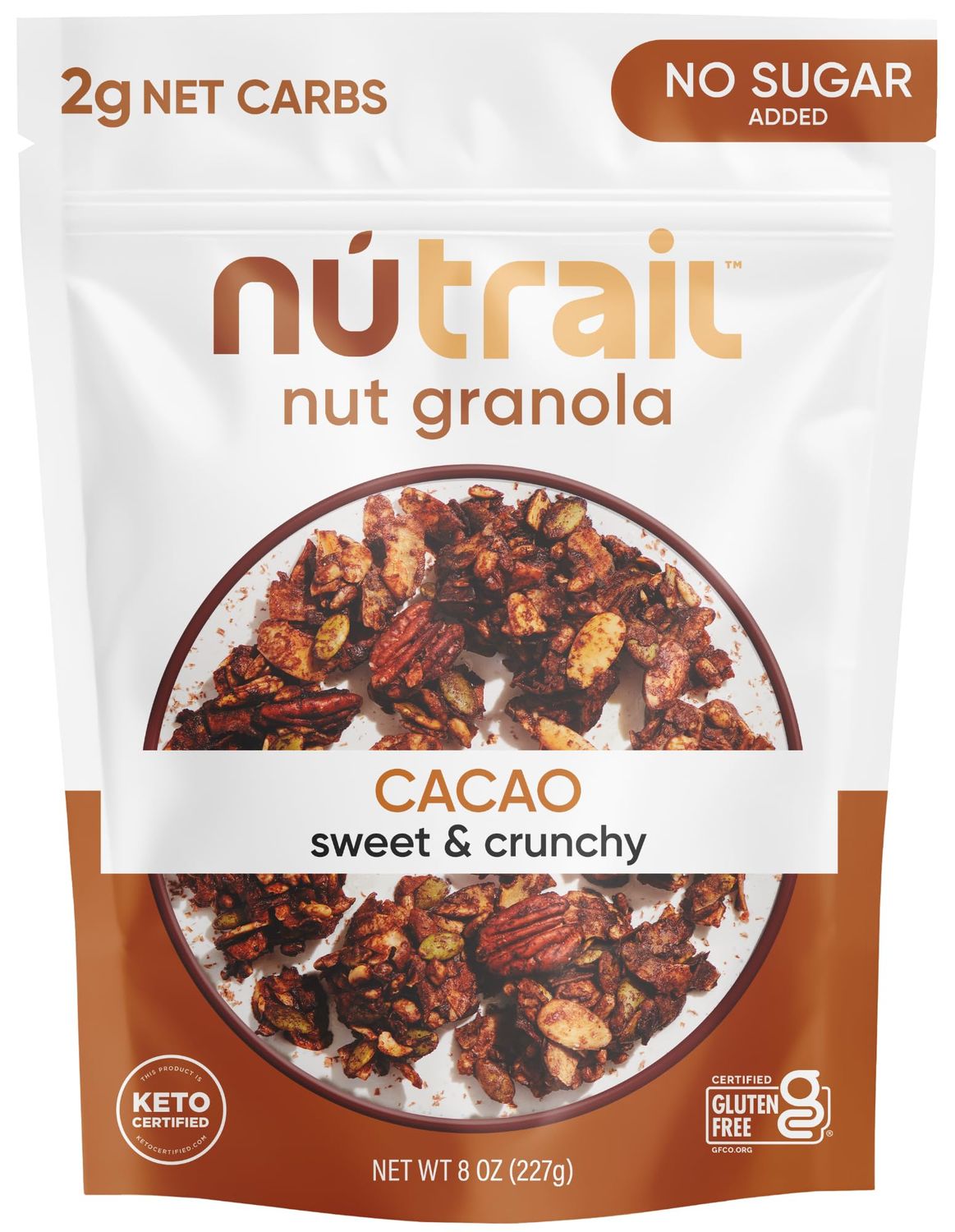 NuTrail Nut Granola Cereal, Cacao, No Sugar Added, Keto, Low Carb, Gluten Free, Grain Free, Healthy Breakfast 8 oz. 1 Count