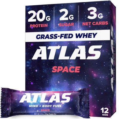 Atlas Protein Bar, 20g Protein, 1g Sugar, Clean Ingredients, Gluten Free (Space, 12 Count (Pack of 1))