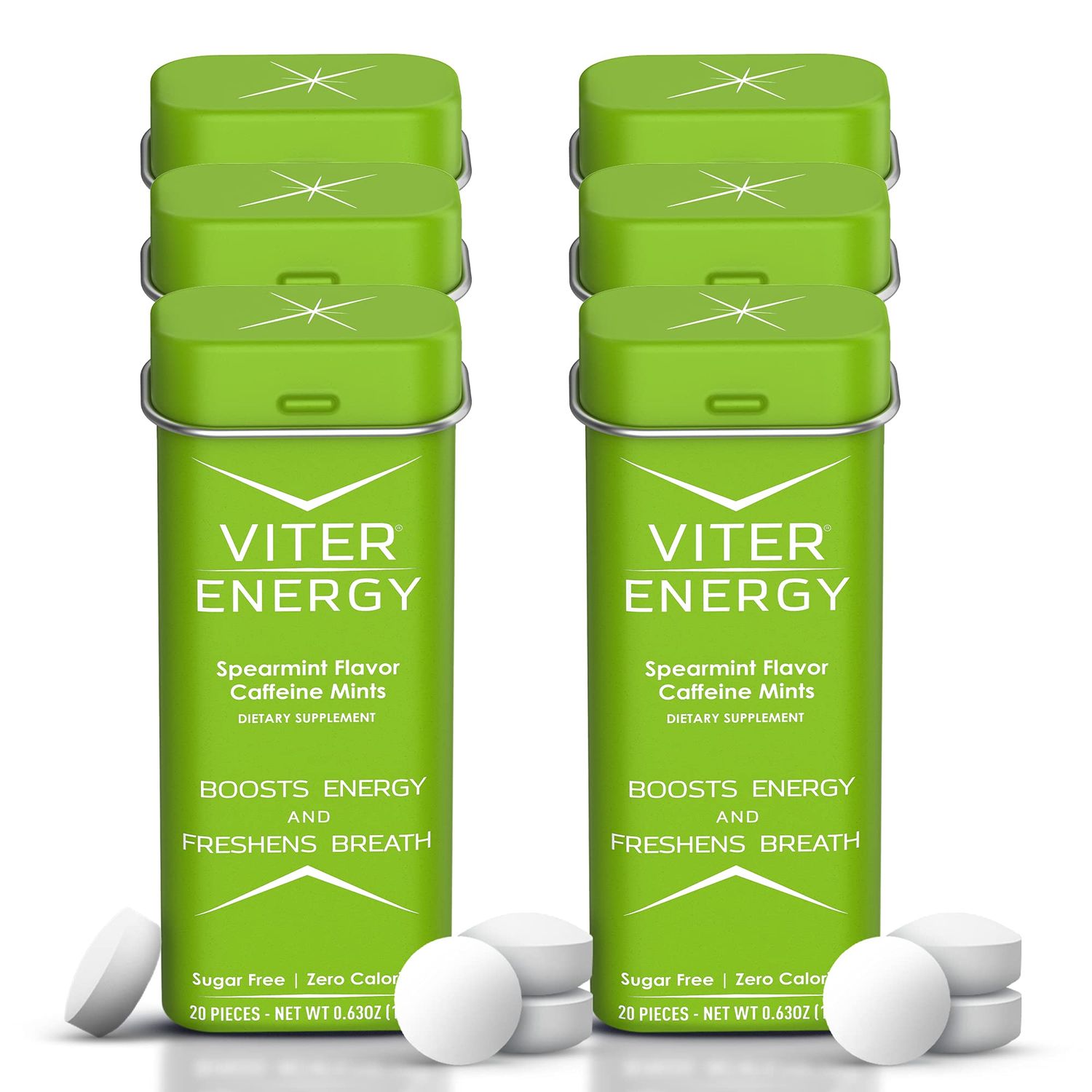 Viter Energy Caffeine Mints (120 Pieces) - 40mg Caffeine, Sugar Free, Vegan Breath Mints, B Vitamin Complex, Energy Caffeine Pills (Spearmint, 6 Pack)
