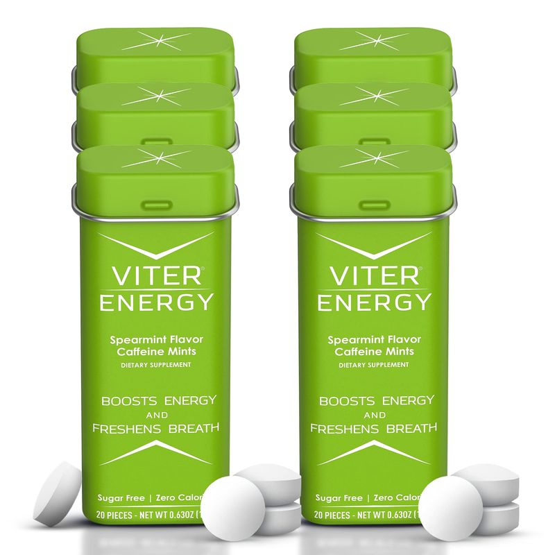 Viter Energy Caffeine Mints (120 Pieces) - 40mg Caffeine, Sugar Free, Vegan Breath Mints, B Vitamin Complex, Energy Caffeine Pills (Spearmint, 6 Pack)