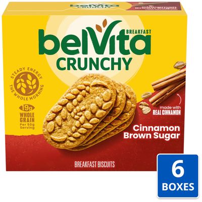 belVita Cinnamon Brown Sugar Breakfast Biscuits, 30 Total Packs, 6 Boxes (4 Biscuits Per Pack)