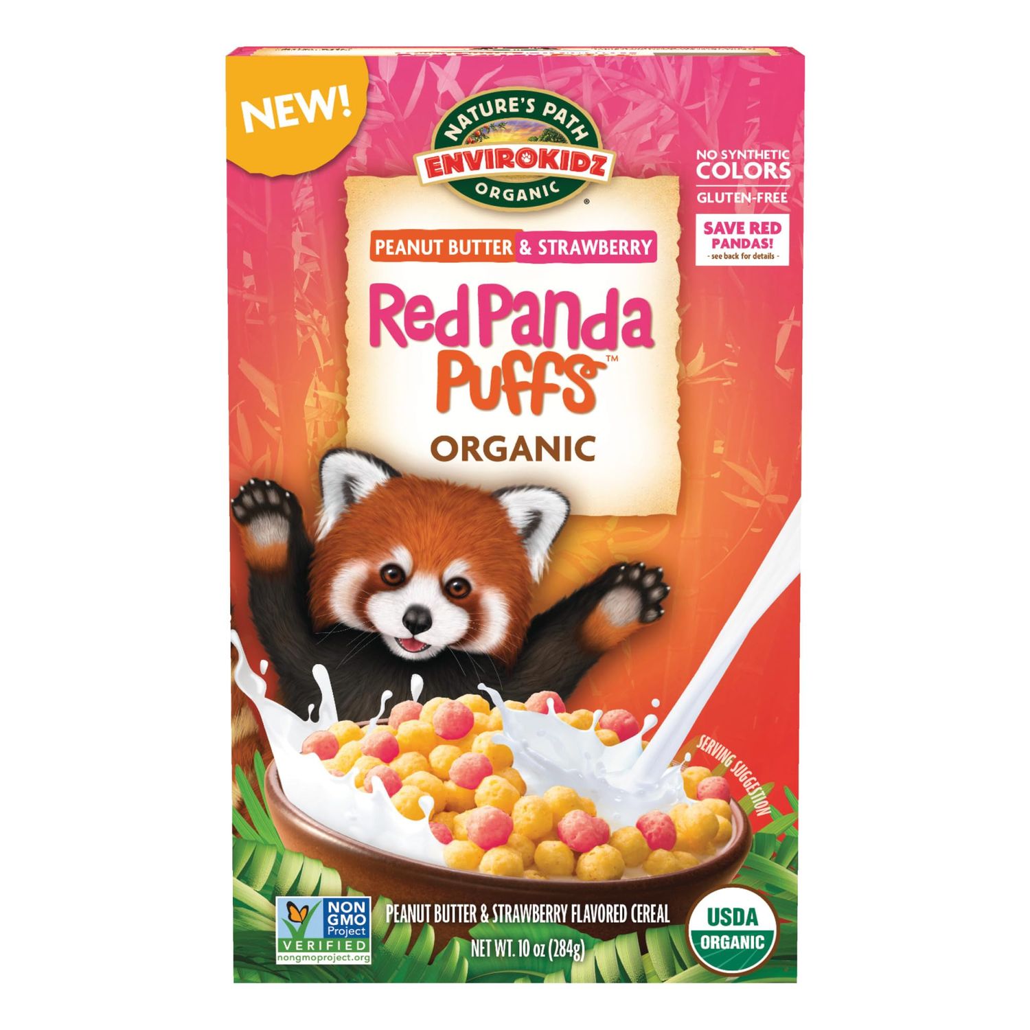 EnviroKidz Organic Red Panda Puffs Cereal, 10 oz (Pack of 1), Peanut Butter &amp; Strawberry, Gluten Free, Non-GMO, by Nature&#39;s Path