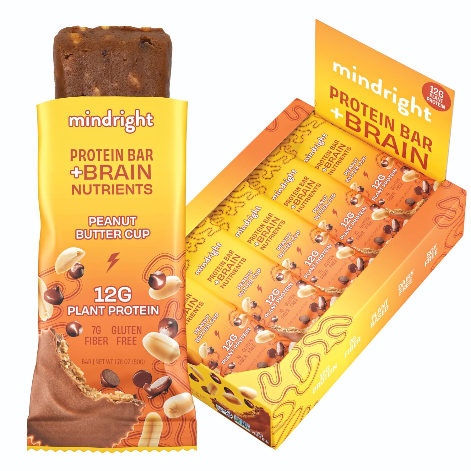 Mindright Superfood Vegan Protein Bar | Gluten Free, Non-Gmo, Low Sugar | Brain Food Snack to Enhance Mood, Energy, and Focus | Pack of 12 (Peanut Butter Cup)