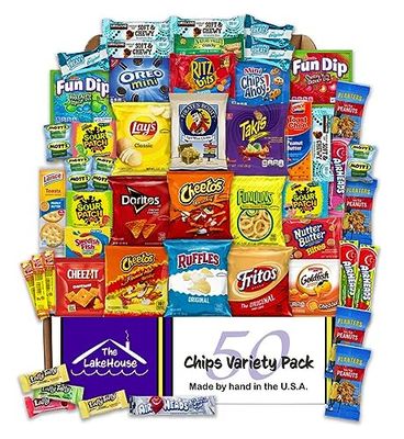 Chips Variety Pack 50 Count - Snacks Sampler Care Packages for College Students, Kids, Adults - Individually Wrapped School or Office Snacks with Chips, Cookies, Candy - Snack Packs from The LakeHouse